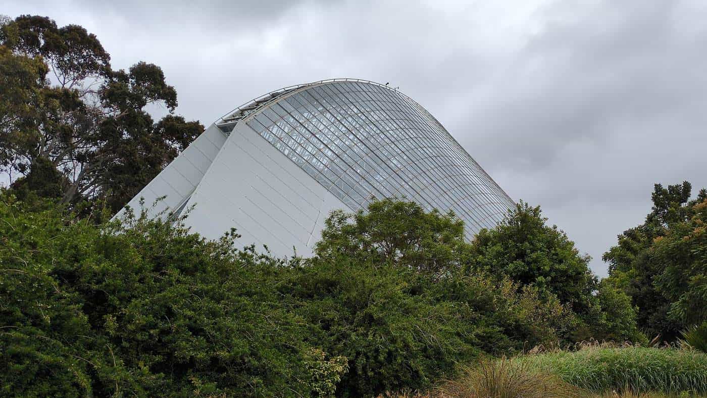 The curved glass Bicentennial Conservatory in Adelaide Botanic Garden